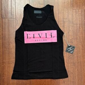 Civil Regime Women’s Black Tank Top with Pink Logo, Size Large, NWT